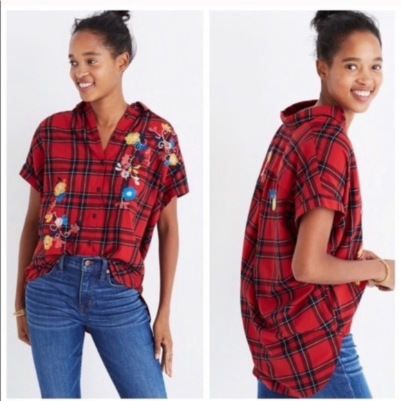 Madewell Tops - Madewell Red Plaid Central Embroidered Shirt
